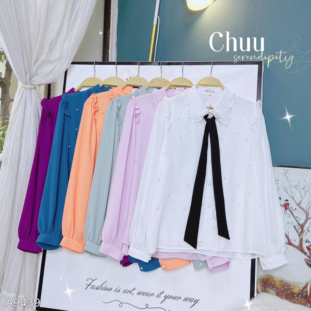 Áo sơ mi nữ tay dài đính ngọc kèm nơ màu xinh xắn CHUU A9439
