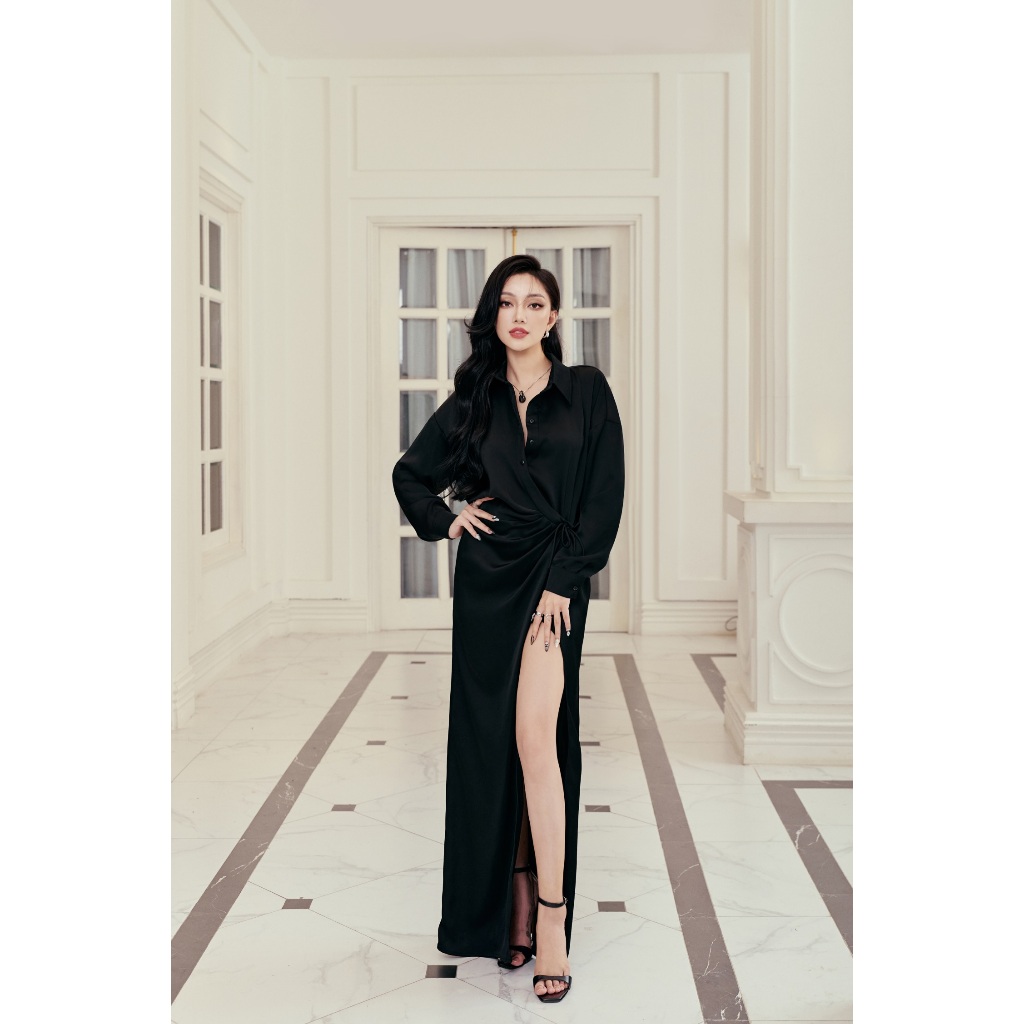 Đầm nữ VANANHSCARLET lụa xẻ đùi buộc dây V057S23