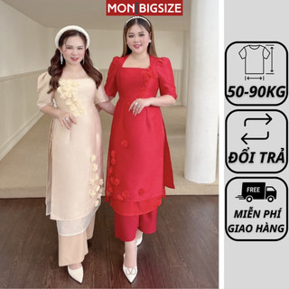 Áo dài cách tân bigsize nữ thiết kế bông 3D kèm quần chất tata MON big size 50 - 90kg