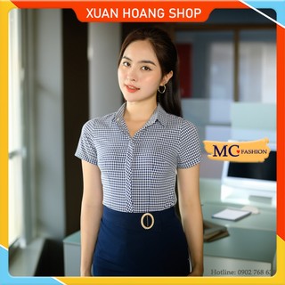 Áo Sơ Mi Nữ Công Sở Mc Fashion, Size Đủ, Kẻ Sọc Caro, Tay Ngắn Cộc Đẹp  Vải Lụa, Màu Xanh Tím Than Trắng Hồng Đỏ, A652