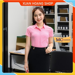 Áo Sơ Mi Nữ Kẻ Sọc Mc Fashion, Size Đủ, Dáng Công Sở, Ngắn Tay Cộc, Chất Vải Lụa, Màu Trắng Xanh Tím Than Hồng Đỏ A652