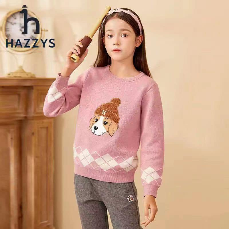 Áo len hồng hz hoạ tiết cún thêu đắp cho bé