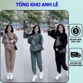 Bộ nỉ nữ thu đông hình in con gấu chất vải nỉ bông, Set đồ nữ thu đông ấm ấp phong cách Hàn Quốc