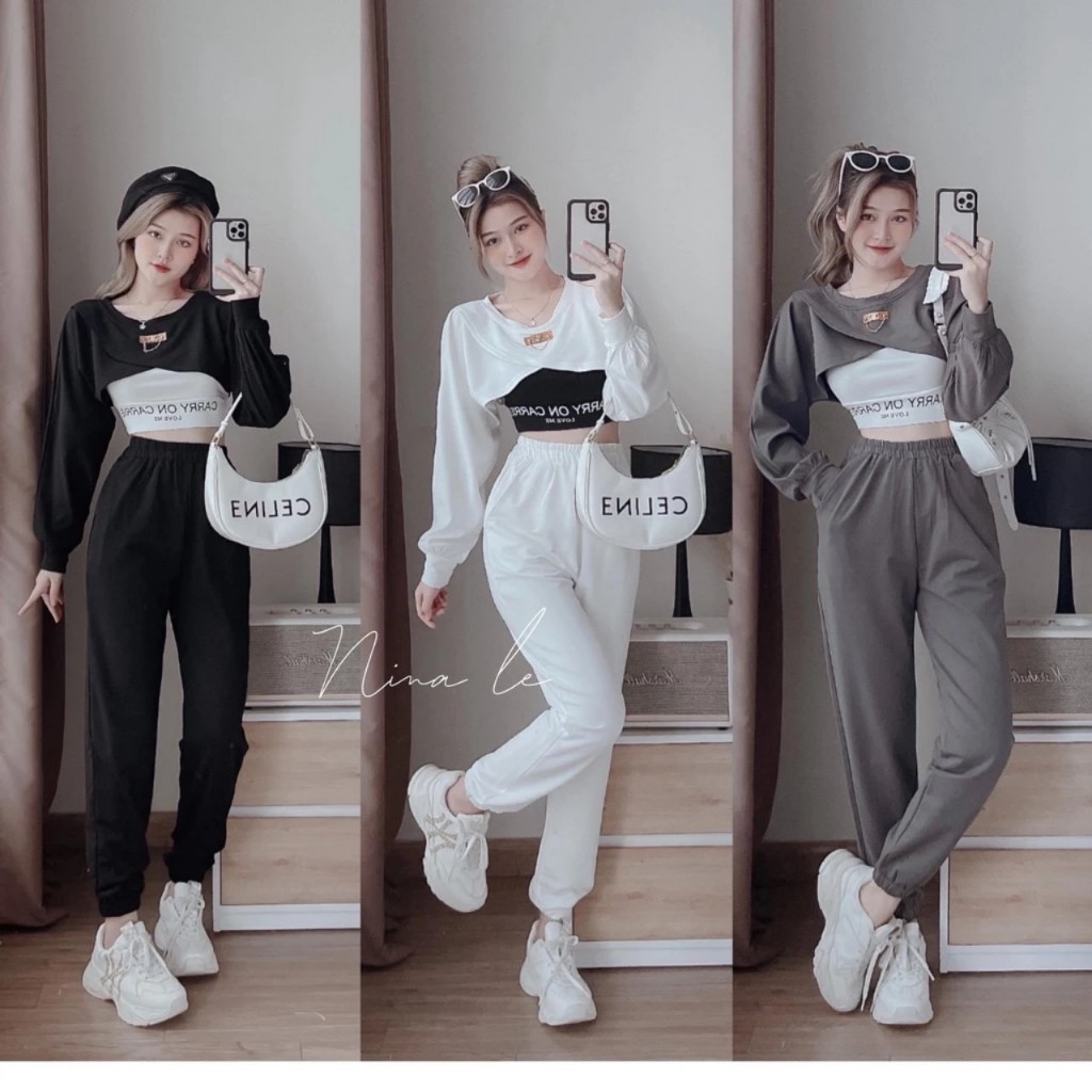 Set Bộ Thể Thao Nữ 3 Món,Sét Áo Croptop + Áo Bra Mix Quần Bom Gấu Chất Len Tăm Dáng trẻ trung, năng động