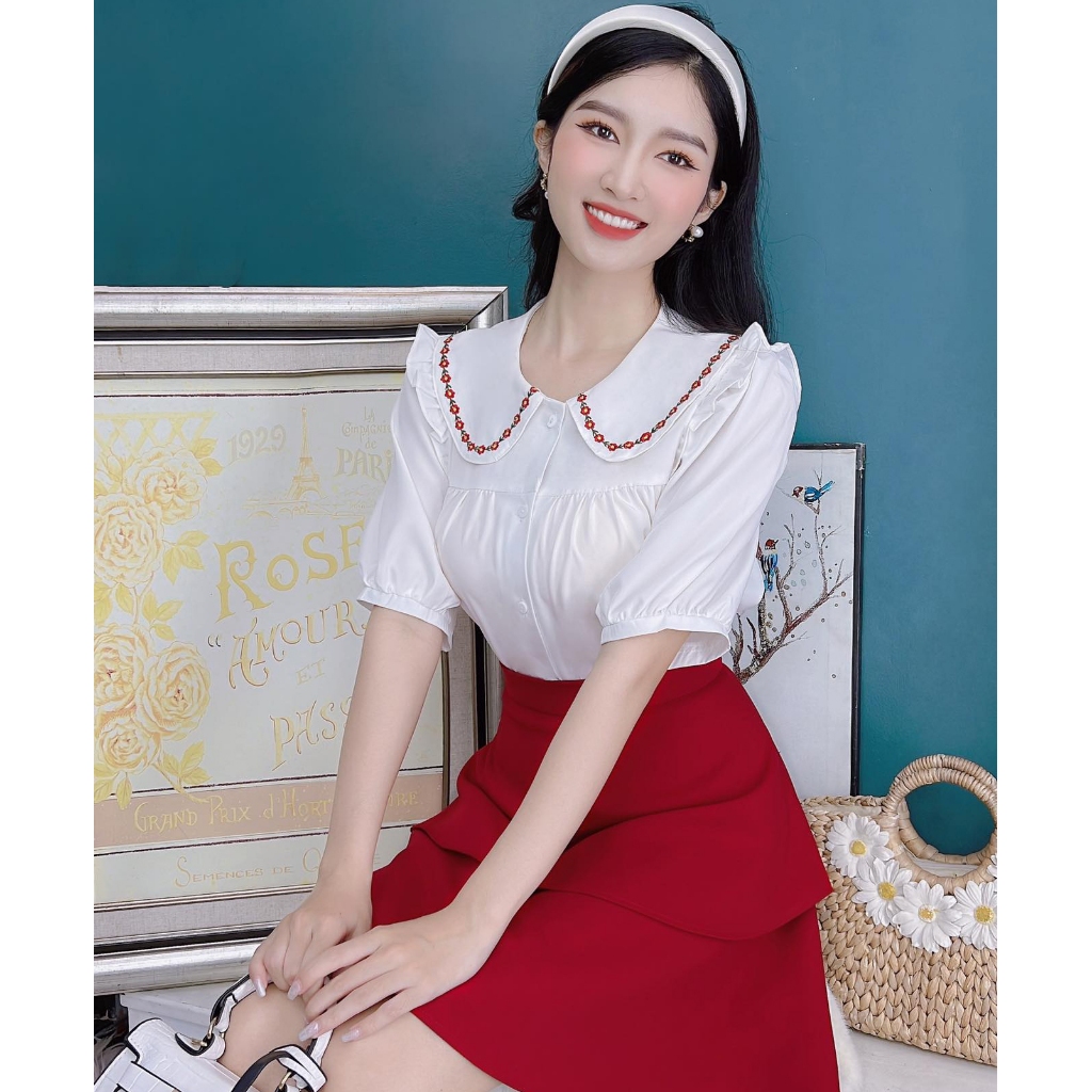 Áo sơ mi công sở nữ kiểu baby doll thêu dây leo CHUU A9446