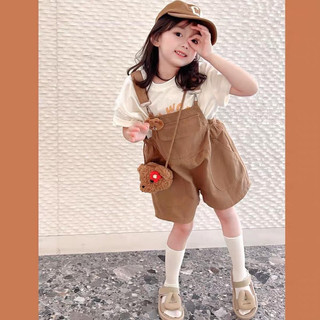 Bộ bé gái,Sét 4ct áo cotton + quần yếm kaki nâu tặng kèm túi gấu
