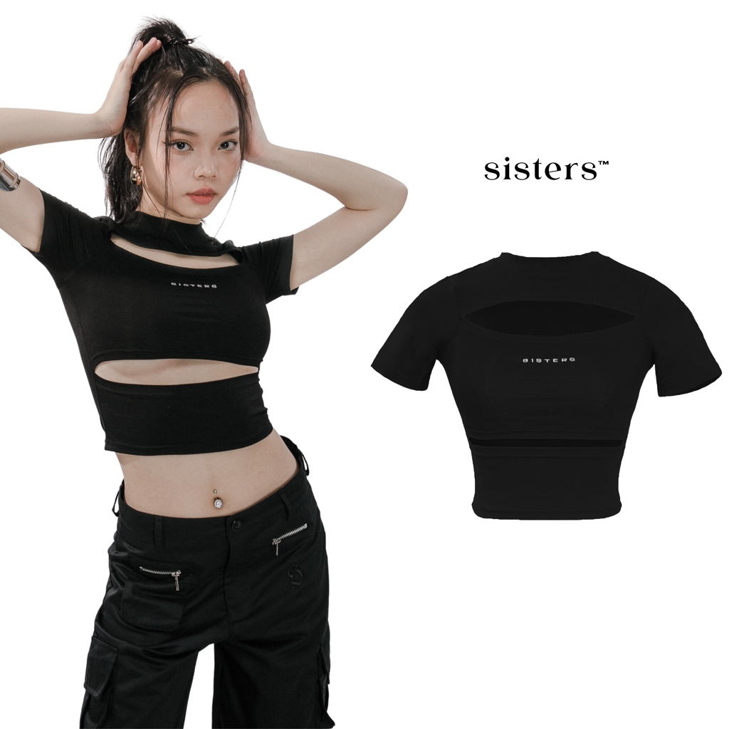 Áo thun baby tee tay ngắn nữ Cut out hở ngực màu đen Sisters I SS-T26