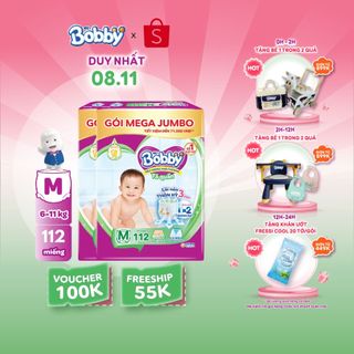 Combo 2 tã quần Bobby Lõi nén thần kỳ 3mm Gạo non Mega Jumbo M112/L96/XL84/XXL76