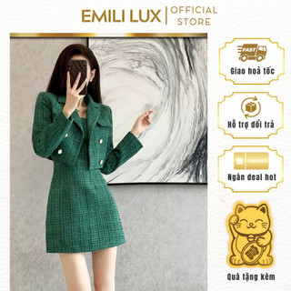 Set váy dạ tweed Emili áo vest dáng crotop kèm váy liền thân cao cấp phong cách hàn quốc