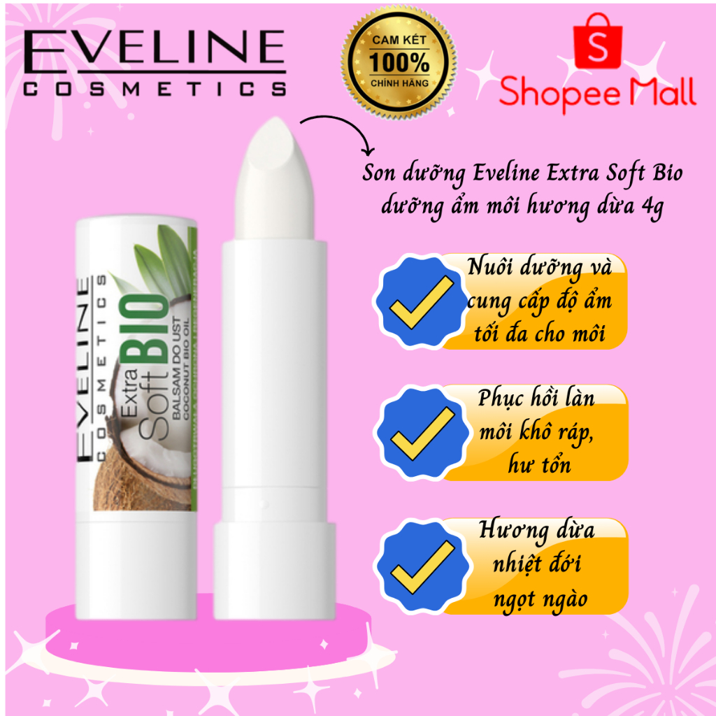 Son dưỡng Eveline Extrasoft Bio dưỡng ẩm môi hương dừa 4g