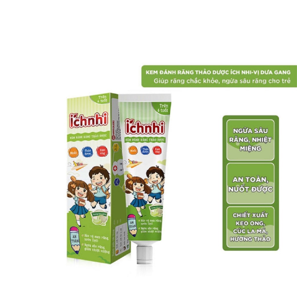 Kem đánh răng thảo dược Ích Nhi hương dưa gang tuýp 75g cho bé trên 6 tuổi bảo vệ răng sữa, ngừa sâu răng