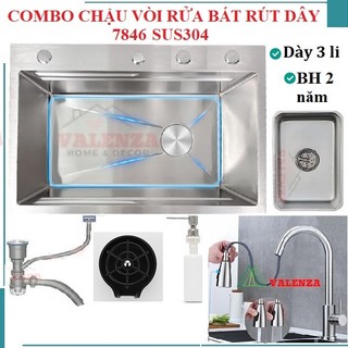 Chậu rửa bát 1 hố sus304 7846 Valenza dày 3li kèm vòi rửa bát rút dây bộ xả khay inox bình rửa chén rửa ly