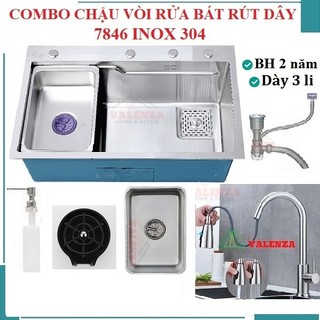 Chậu rửa bát 1 hố inox304 xịn Valenza dày 3li kèm vòi rửa bát rút dây nóng lạnh bộ xả khay inox bình rửa bát rửa ly cốc