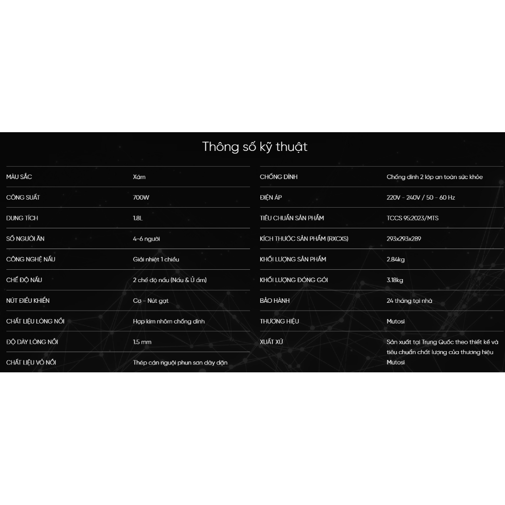 Nồi cơm điện nắp gài Mutosi MR-180G, Dung tích 1.8L, Lòng nồi dày 1.5mm, Bảo hành 24 Tháng