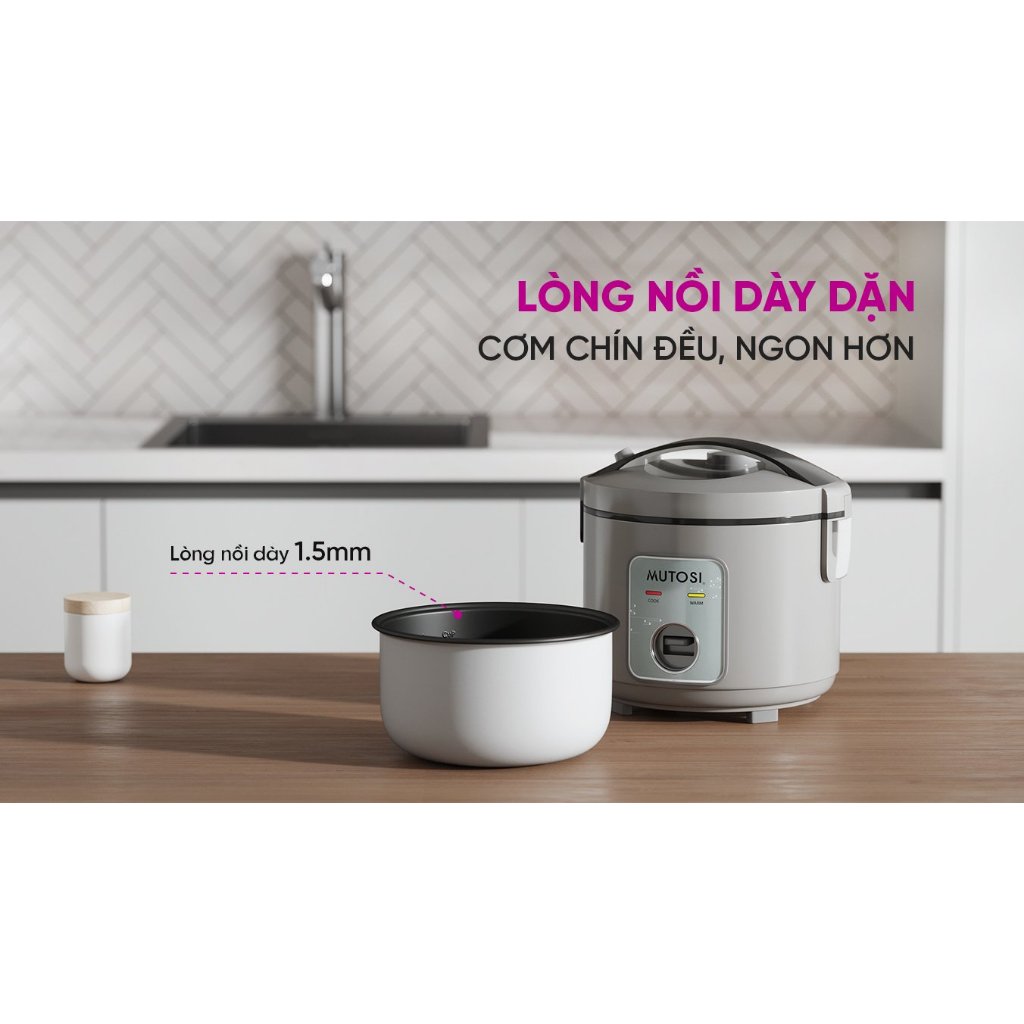Nồi cơm điện nắp gài Mutosi MR-180G, Dung tích 1.8L, Lòng nồi dày 1.5mm, Bảo hành 24 Tháng