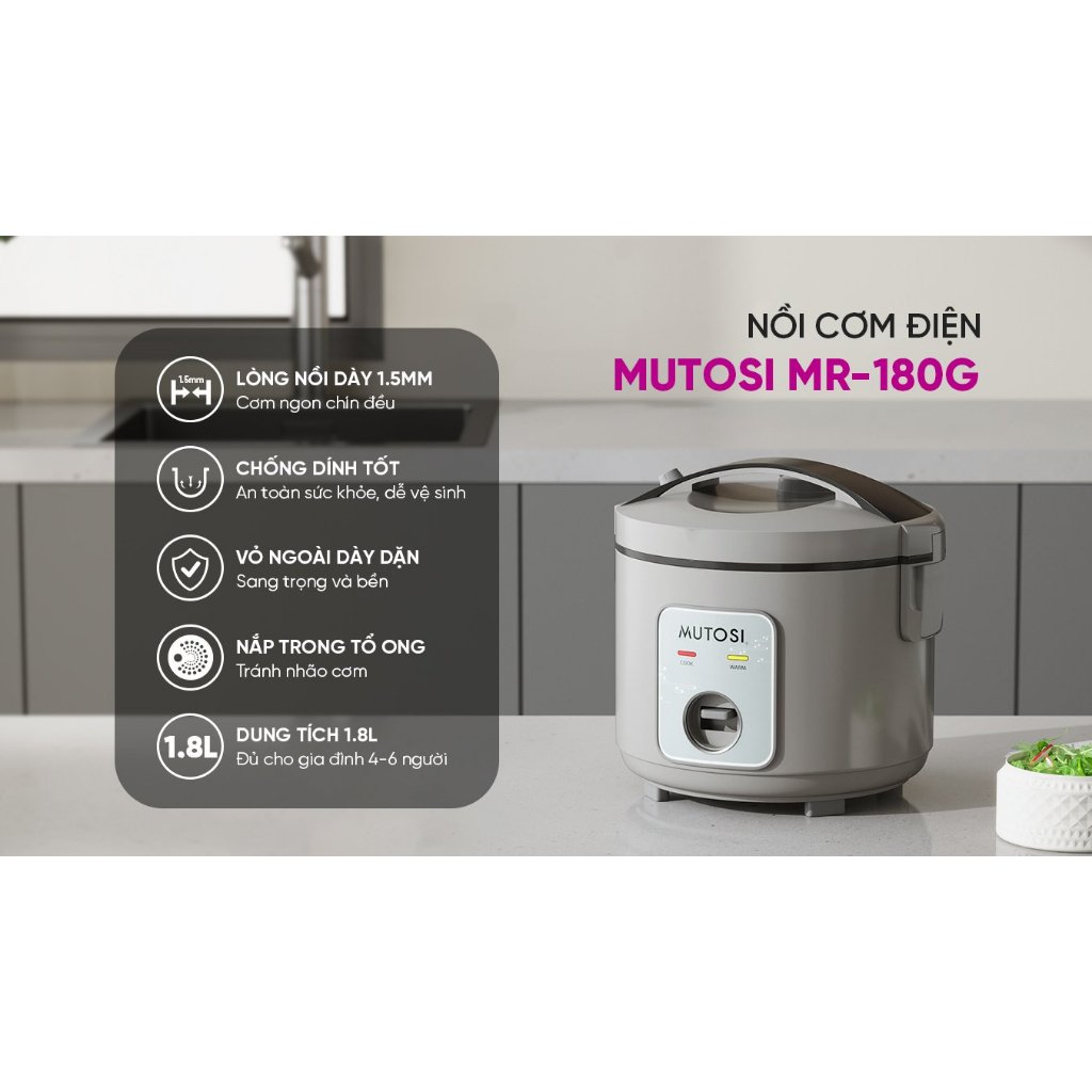 Nồi cơm điện nắp gài Mutosi MR-180G, Dung tích 1.8L, Lòng nồi dày 1.5mm, Bảo hành 24 Tháng