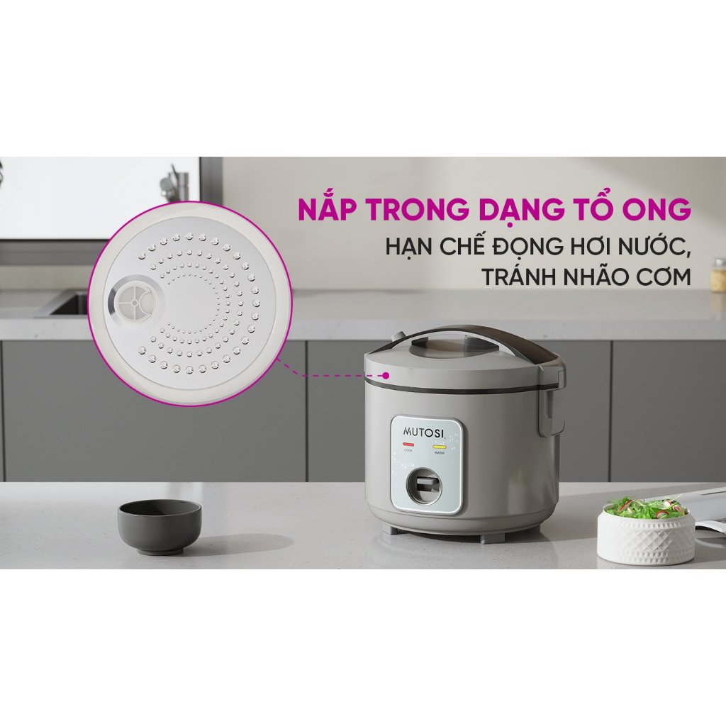 Nồi cơm điện nắp gài Mutosi MR-180G, Dung tích 1.8L, Lòng nồi dày 1.5mm, Bảo hành 24 Tháng