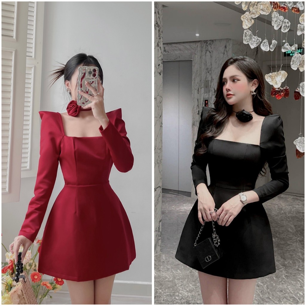 Đầm Dự Tiệc Dáng Ngắn Xòe Cổ Vuông Tay Dài Kèm Vòng Chocker, Váy Chữ A Basic 2 Tone Màu Nhẹ Nhàng Sang Chảnh
