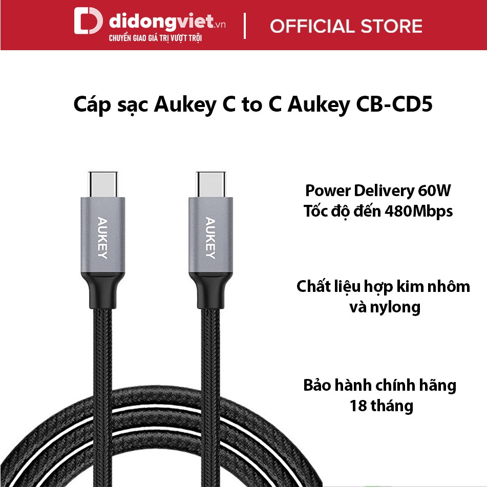 Cáp sạc Aukey C to C Aukey CB-CD5 1m - Power Delivery 60W, chất liệu hợp kim nhôm và nylong, tốc độ đến 480Mbps