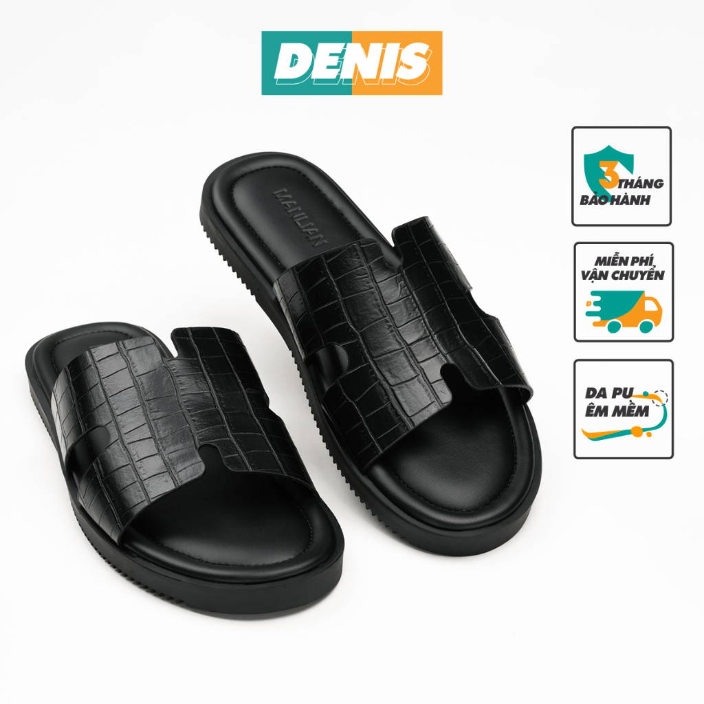 Dép Da Nam Chữ H Denis MD05 Thanh Lịch Đen Êm Mềm Cao Cấp