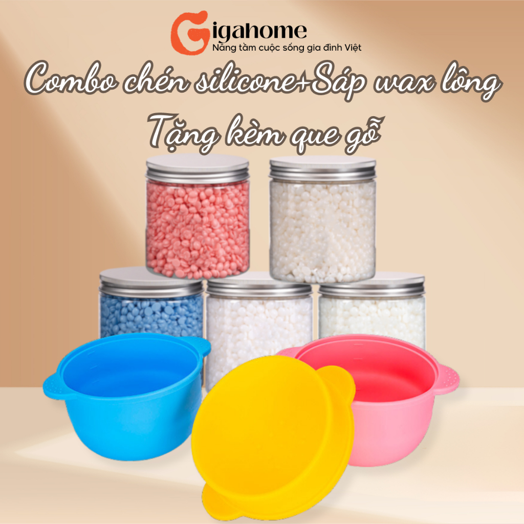 Combo Chén Nấu Sáp Wax Lông Silicone + 100gr Sáp Cao Cấp GIGAHOME và 5 Que Gỗ Tặng Kèm