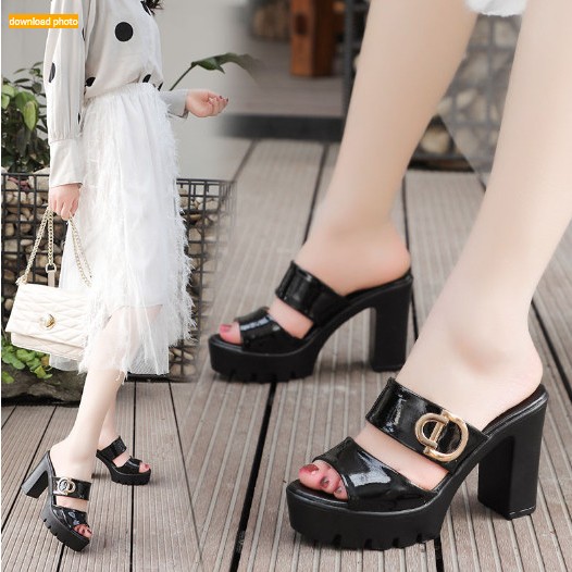 Dép Cao Gót Khóa D 9f Hở Mũi Bản Cao Cấp