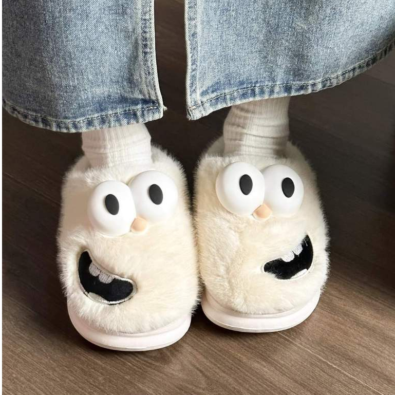 Dép bông mắt to vô tri mùa đông đế cao 3.5cm đi chơi, đi ở nhà chống bám bẩn con mắt dễ thương hot trend 2023