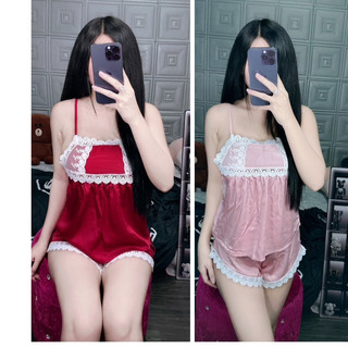 Đồ bộ đùi 2 dây gợi cảm ren hoa vuông lụa latin mềm mịn siêu xinh Freesize