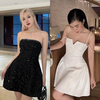  Đầm xoè đen 2 dây phối dây viền bling bling  về thêm trắng dạng ống đính đá  - Luna Dress váy đen dự tiệc 