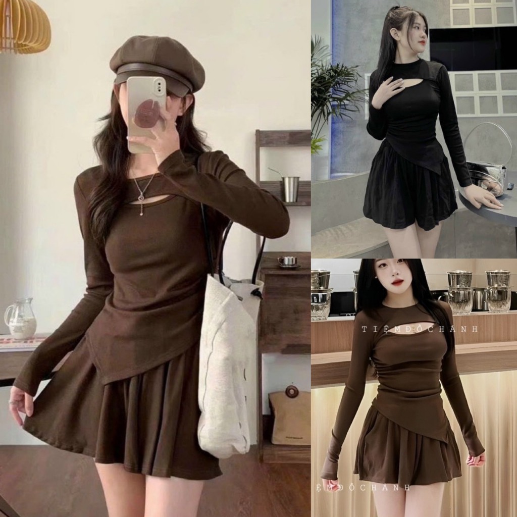 set bộ đồ nữ sang chảnh,set bộ áo dài khoét ngực vạt chéo sexy ôm body phối quần short xòe nỉ tăm cao cấp B852 SUTANO