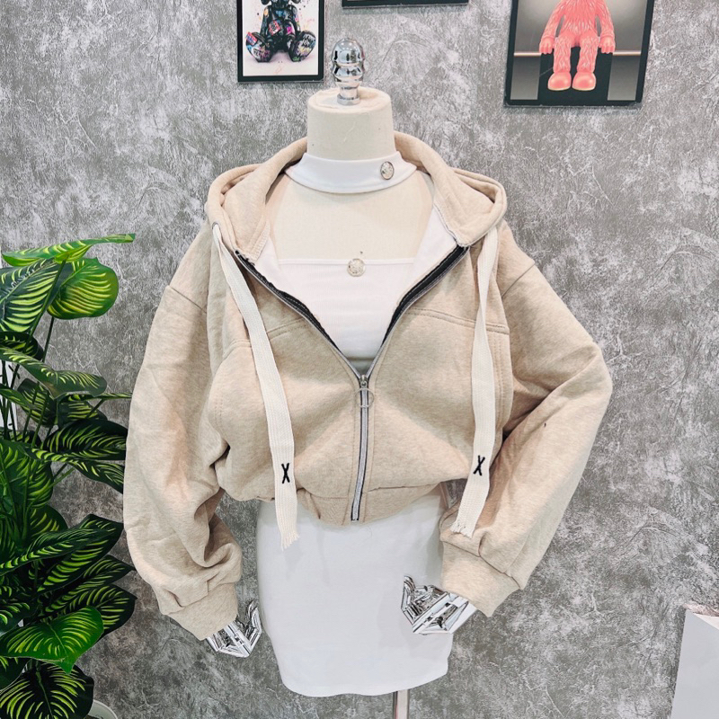 Áo Khoac Nỉ Ngoại Croptop KEM MUỐI TIÊU
