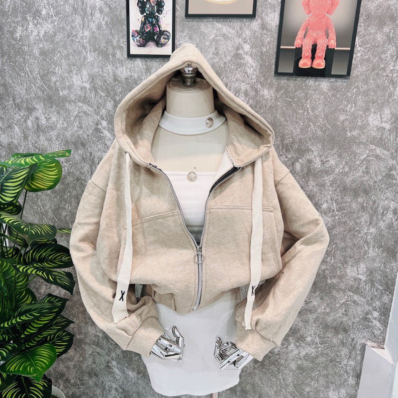 Áo Khoac Nỉ Ngoại Croptop KEM MUỐI TIÊU