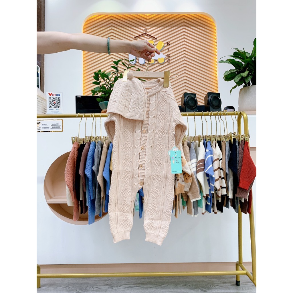 Body len dài tay cho bé HK KIDS, sét body áo liền quần kèm mũ len hàng Quảng Châu size cho bé 0-3 tuổi