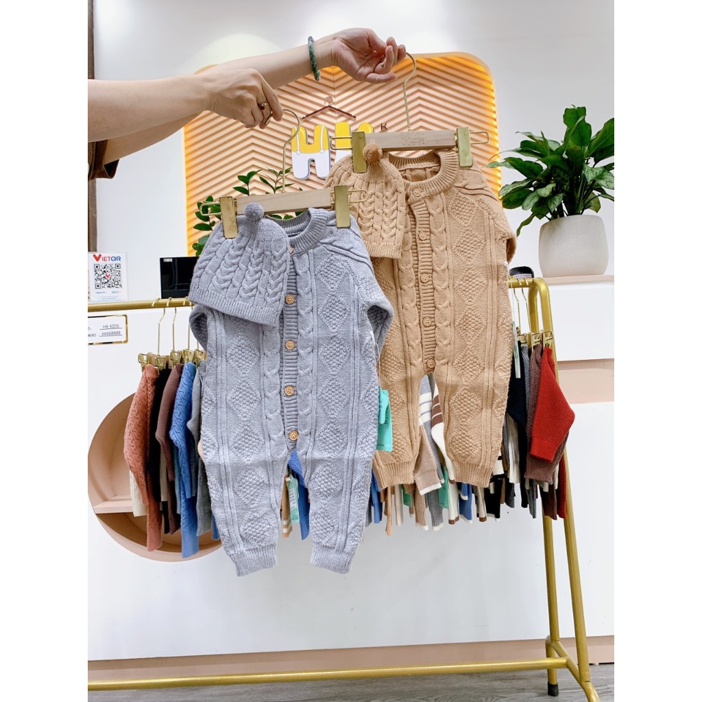 Body len dài tay cho bé HK KIDS, sét body áo liền quần kèm mũ len hàng Quảng Châu size cho bé 0-3 tuổi