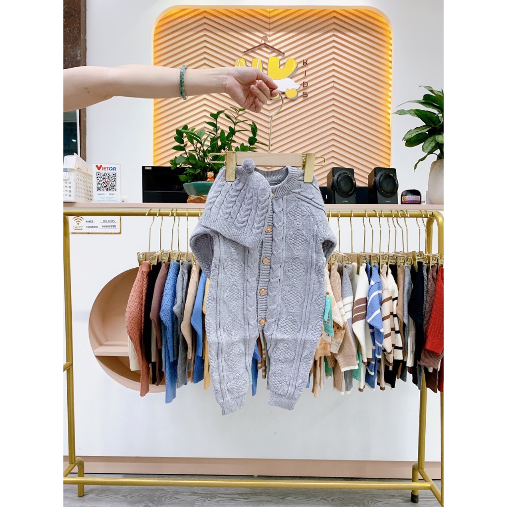 Body len dài tay cho bé HK KIDS, sét body áo liền quần kèm mũ len hàng Quảng Châu size cho bé 0-3 tuổi