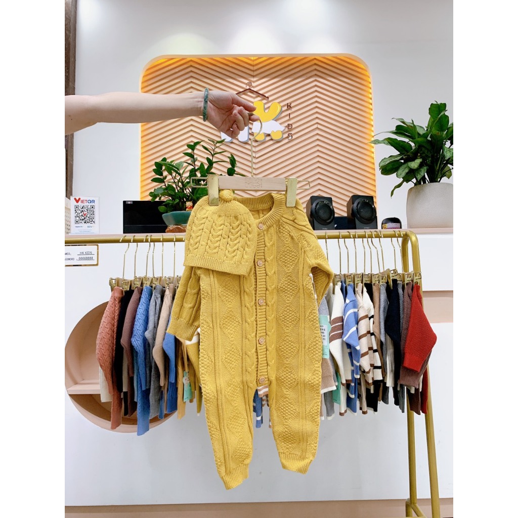 Body len dài tay cho bé HK KIDS, sét body áo liền quần kèm mũ len hàng Quảng Châu size cho bé 0-3 tuổi