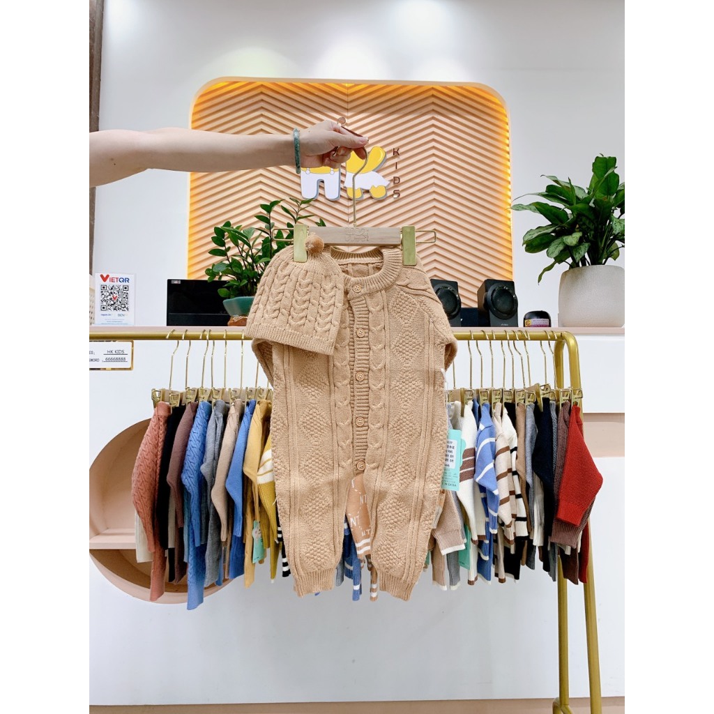 Body len dài tay cho bé HK KIDS, sét body áo liền quần kèm mũ len hàng Quảng Châu size cho bé 0-3 tuổi