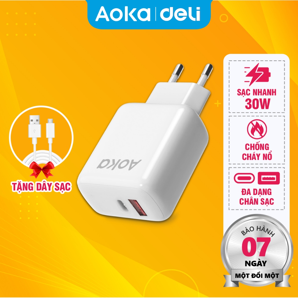 Củ Sạc Nhanh AOKA by Deli VS6013 - Cục Sạc 2 Cổng USB-A Type C Công Suất 30W Chân Tròn Cho Điện Thoại Máy Tính Bảng