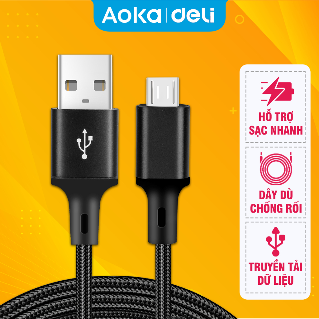 Dây Cáp Sạc Nhanh Micro USB AOKA by Deli Cho Điện Thoại Máy Tính Dây Dài 1M Bọc Dù Dẻo Dai Chống Rối Cáp Chuyển Dữ Liệu