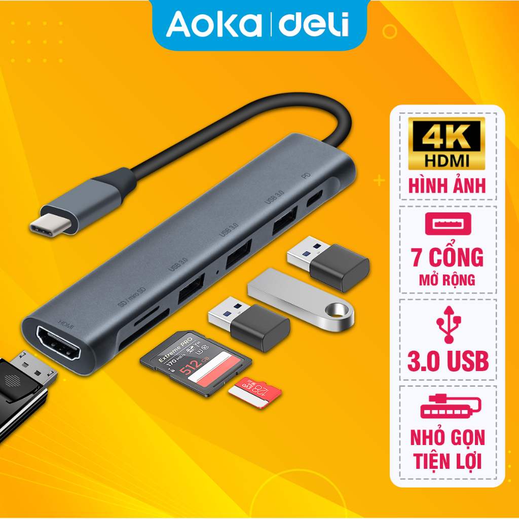 HUB Type C USB 3.0 AOKA by Deli 7 Cổng Chuyển Đổi, Bộ Chia Mở Rộng Kết Nối Cho Laptop Máy Tính Táo VGA HDMI Micro SD TF