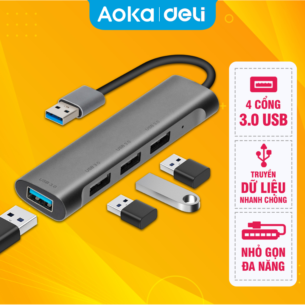 Bộ Chia 4 Cổng USB 3.0 AOKA by Deli Hub Mở Rộng Type C Sang USB, Truyền Dữ Liệu Nhanh Chóng Thiết Bị Cho Máy Tính Laptop