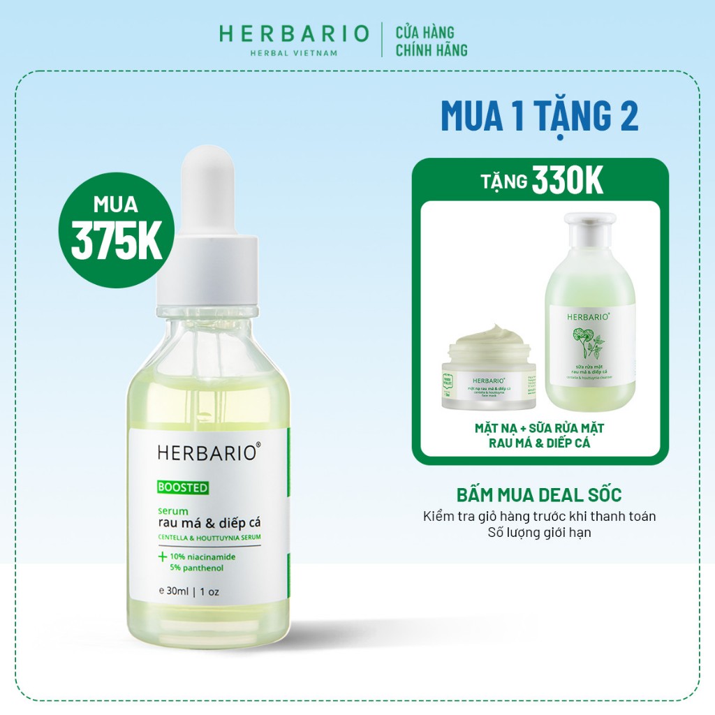 [MUA 1 TẶNG 2] Serum Boosted rau má & diếp cá Herbario 30ml TẶNG Sữa rửa mặt rau má & diếp cá + Mặt nạ rau má & diếp cá