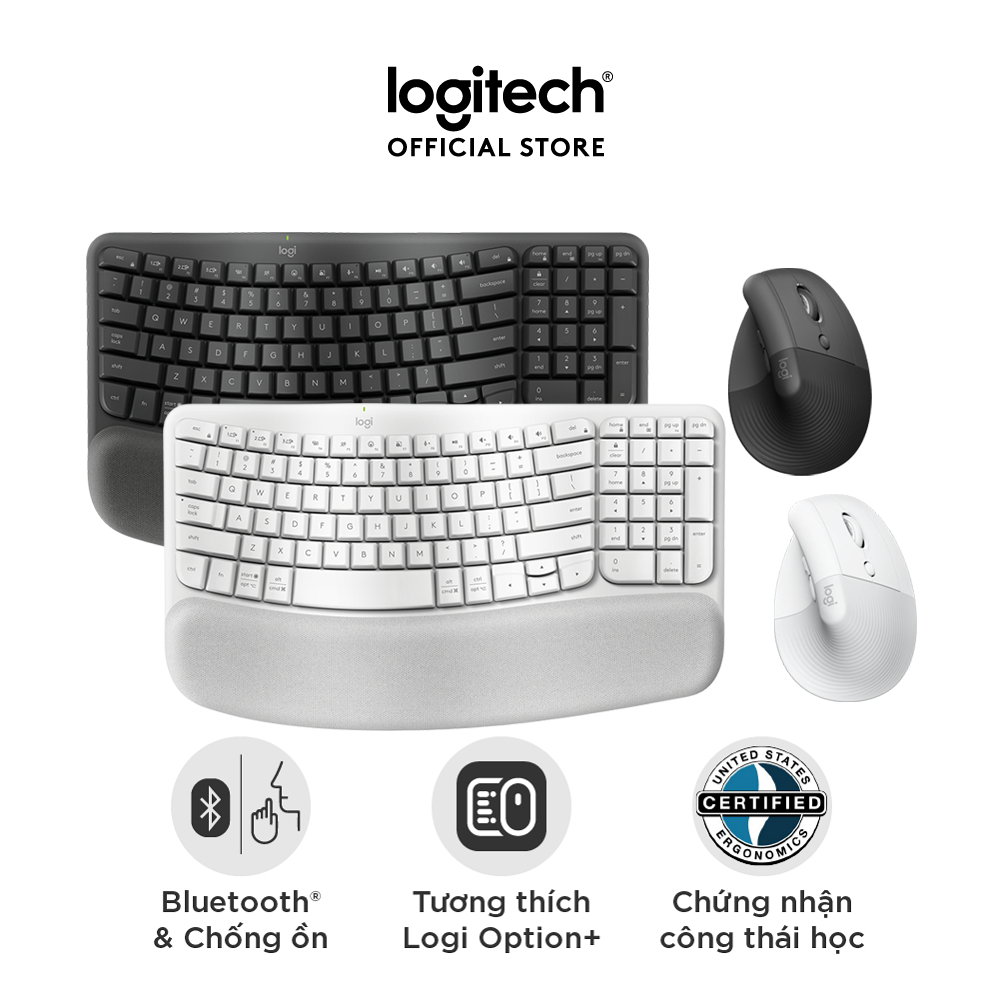 Combo Công thái học - Bàn phím Logitech Wave Keys và Chuột Logitech Lift Vertical - Bluetooth, USB Bolt