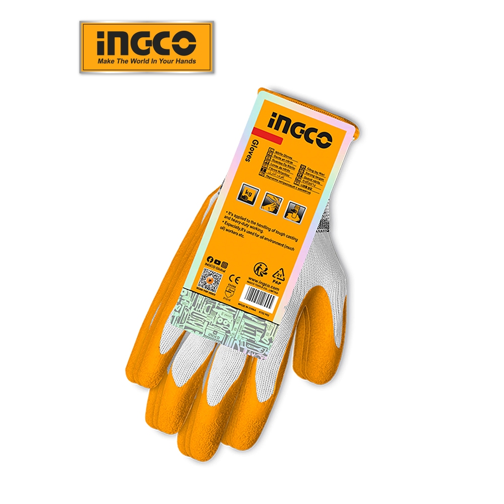 Găng tay Latex INGCO HGVL06 làm từ cao su tổng hợp chống thấm nước và có độ bền cao vỏ bằng sợi cotton và polyester