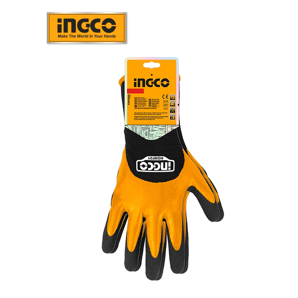 Găng tay Nitri INGCO HGNF03 và HGNF01 thiết kế đặc biệt để sử dụng trong môi trường dầu mở chống thấm nước, độ bền cao