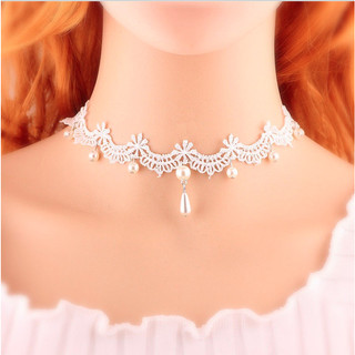 Vòng cổ choker dây chuyền nữ vải ren trắng đính ngọc trai nhân tạo phong cách dễ thương