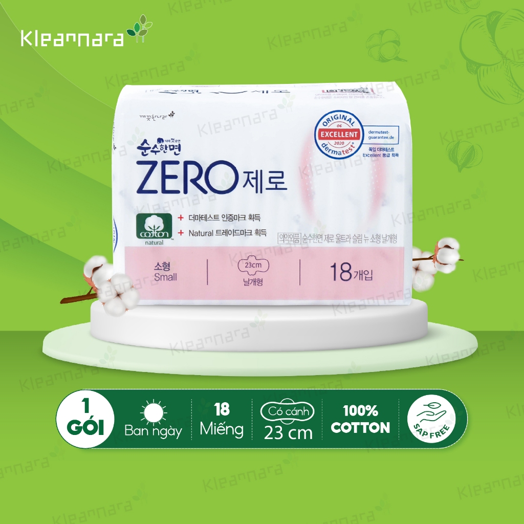 Băng vệ sinh Kleannara Zero Hàn Quốc siêu êm thoáng ban ngày size S 23cm - 18 miếng/gói có cánh