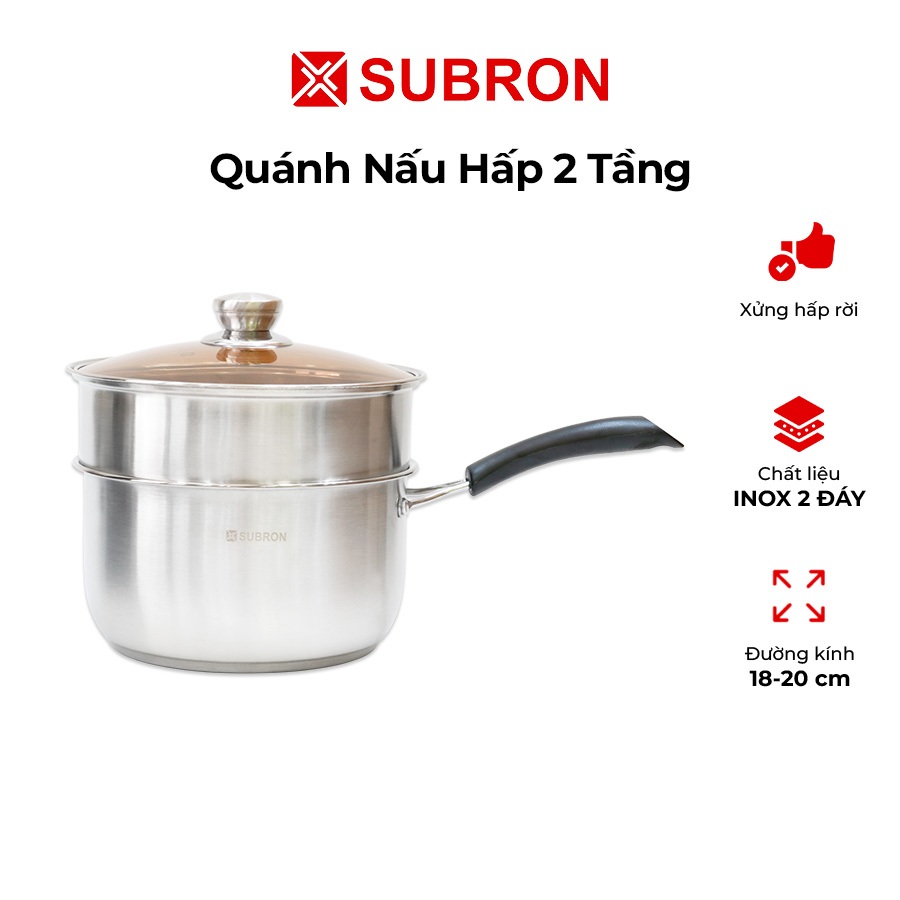 Quánh inox 2 đáy cao cấp SUBRON, nồi cán dài đa năng nấu bột, có xửng hấp đồ ăn dặm cho bé, dùng được mọi loại bếp