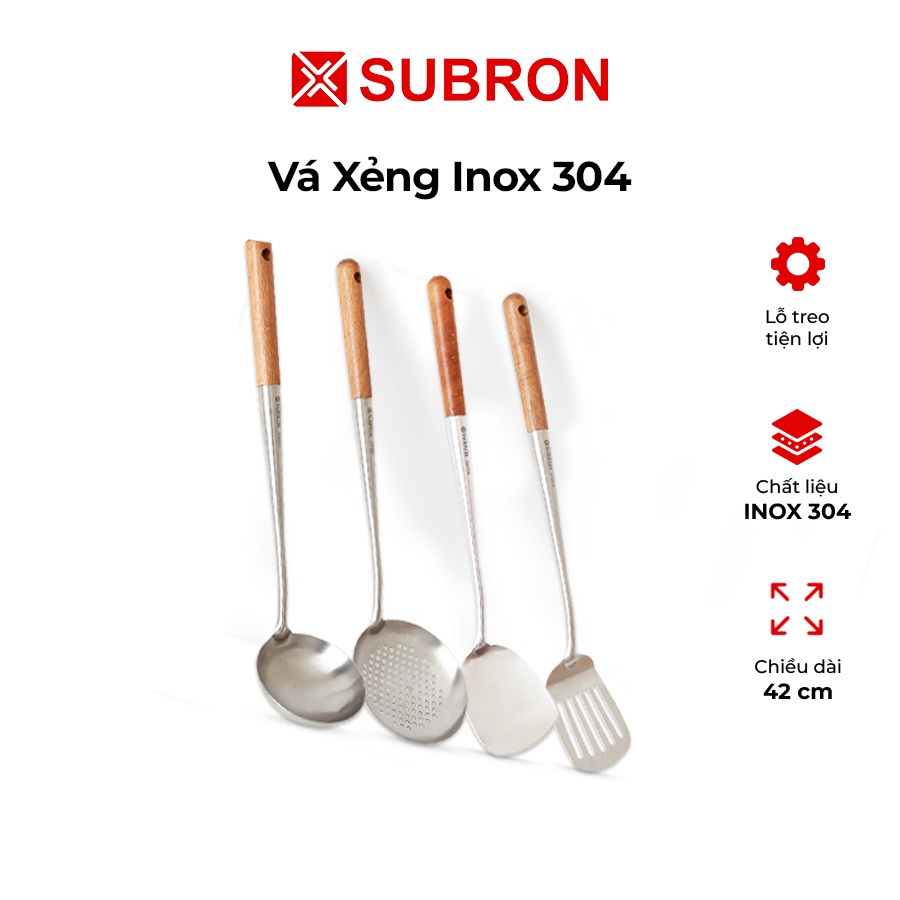 Vá xẻng inox 304 Subron, loại cỡ lớn cán dài có tay cầm bằng gỗ, xẻng nấu ăn, xẻng chiên, muôi canh, muôi thủng