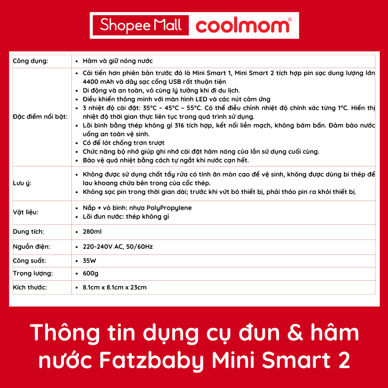 Dụng cụ hâm nước pha sữa cầm tay Fatzbaby Mini Smart 2 FB3625VA